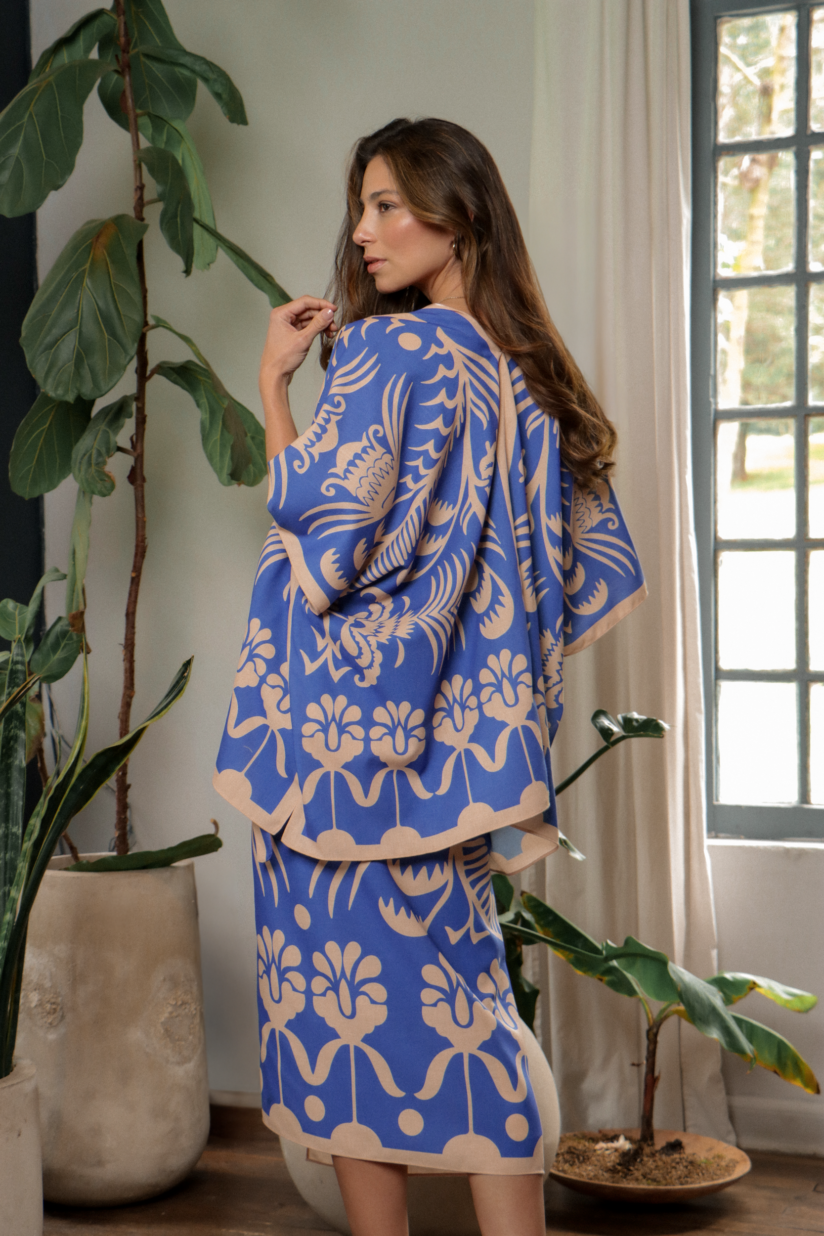 Agave Short Kimono, Linen - Blue