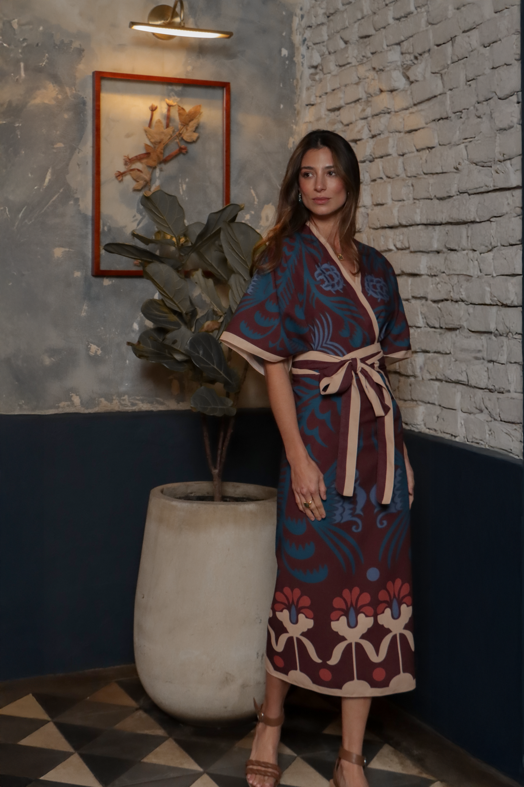 Agave Short Kimono, Linen - Burgundy