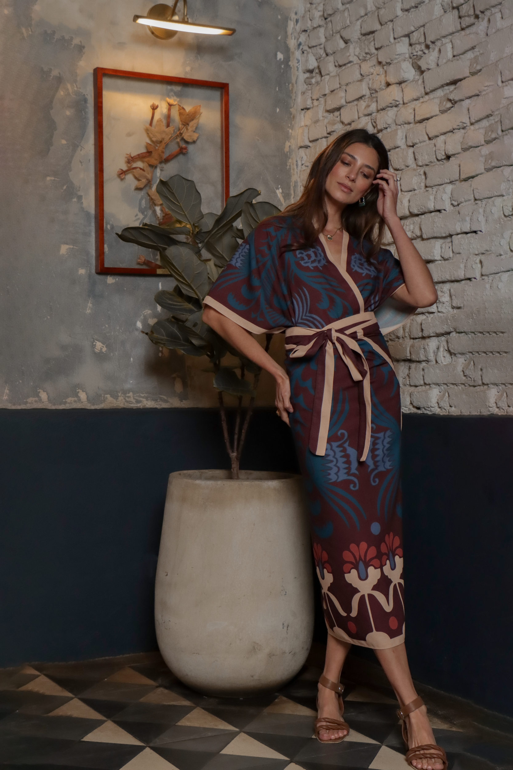 Agave Short Kimono, Linen - Burgundy