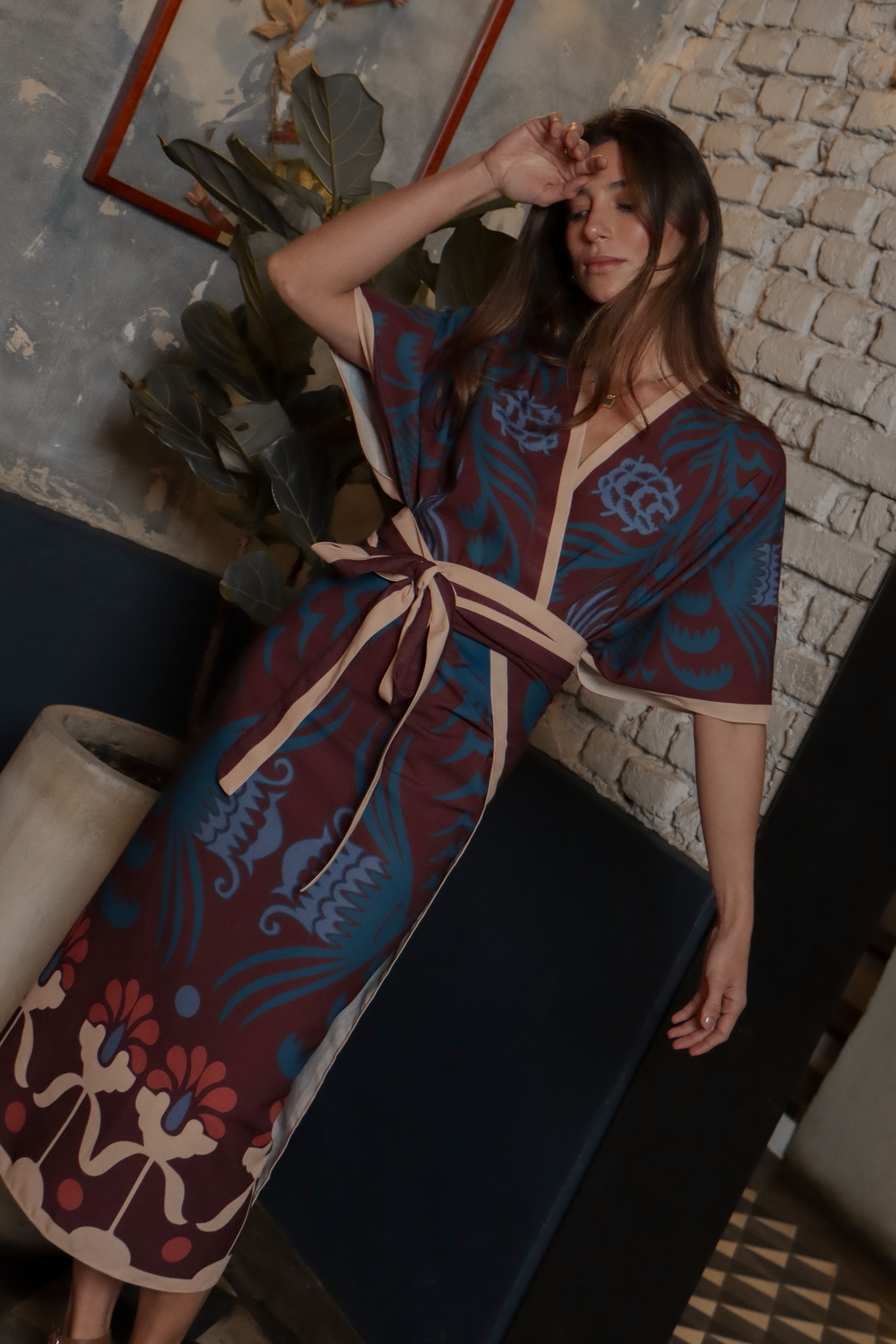 Agave Short Kimono, Linen - Burgundy